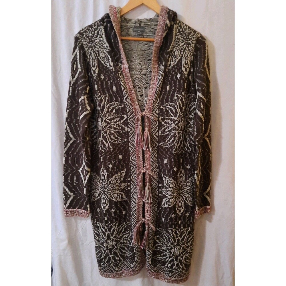 Eddie Bauer Womens Medium Bohemian Tie Front Long Cardigan Hooded Earthtones